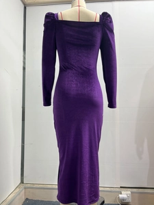 Detail of purple velvet dress showing back waistline and ruching with elegant texture