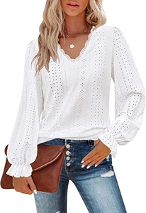 Women's white V-neck hollow out lace top with elegant ruffled long sleeves and embroidery