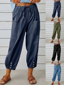 Pantaloni in Cotone e Lino da Donna a Vita Alta Casual con Coulisse Pantaloni Harem Larghi a Gamba Larga con Bottoni sull'Orlo