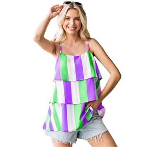 Summer tiered striped camisole top for women with purple and green vertical pattern