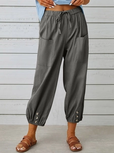 Pantaloni larghi donna in cotone e lino grigio scuro con elastico in vita e tasche laterali