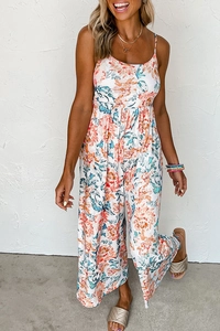 Detailed view of floral high waist wide leg jumpsuit with spaghetti straps for summer
