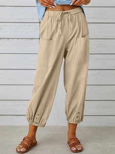 Pantaloni da donna in cotone lino larghi a vita alta con bottoni sull'orlo elastico