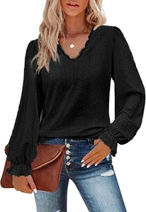 Elegant black V-neck lace top with long eyelet hollow sleeves and ruffled cuffs