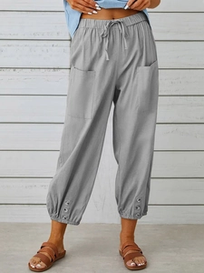 Pantaloni da donna in cotone e lino a vita alta con bottoni laterali e tasche ampie