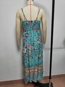 Detail view of the smocked back and floral print on a bohemian maxi summer dress