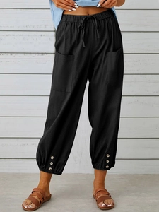 Pantaloni larghi donna in cotone e lino a vita alta con bottoni e tasche laterali