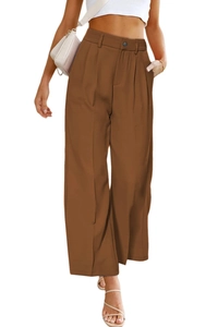 Pantalón de mujer de talle alto y pernera ancha en marrón oscuro con bolsillos