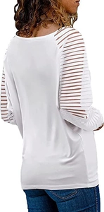 Detail of the white long sleeve top featuring sheer horizontal striped mesh panel sleeves