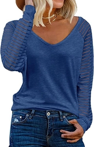 Detail of sheer striped mesh sleeves on a navy blue long sleeve V-neck casual top