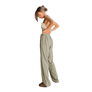 Women's high waist wide leg casual trousers in sage green with elastic waistband