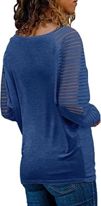 Detail of navy blue long sleeve top with unique mesh cut-out stripe design on sleeves