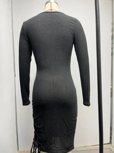 Close-up of the black ribbed knit fabric and slim fit back silhouette of the dress