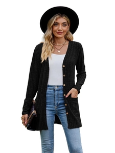 Classic black ribbed long sleeve cardigan with buttons and pockets on white background