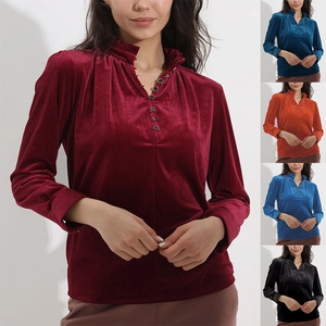 Chemise Femme Élégante en Velours Doré Manches Longues Col Montant à Volants Col en V Ample Vintage Fête Blouse