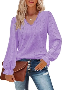 Close-up of elegant lavender V-neck top featuring eyelet embroidery and lace detailing