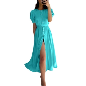 Teal short puff sleeve button down midi shirt dress with high waist and front slit
