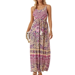 Bohemian floral maxi dress with V-neck, printed patterns and tassel tie waist