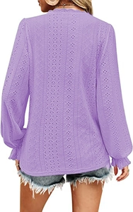 Rear view of purple crochet lace V-neck top showing hollow diamond knit and pleated cuffs