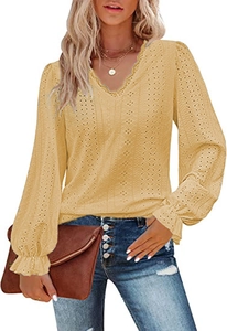 Elegant mustard yellow V-neck lace T-shirt with long ruffled sleeves and eyelet embroidery