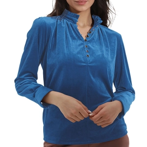 Chemisier femme en velours bleu foncé à manches longues avec col à volants