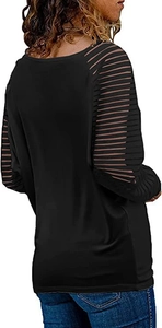 Detail of black long sleeve top showing sheer horizontal striped cut-outs on the sleeves