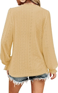Rear view of yellow V-neck lace top with hollow embroidery and ruffled long sleeves