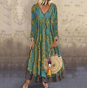 Robe bohème à col en V, imprimé fleuri bleu sarcelle avec ourlet double épaisseur