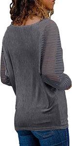 Detail of dark grey long sleeve top with hollow striped sleeves and crew neckline
