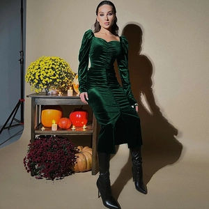 Detail of dark green velvet dress with ruched bodice and puff sleeves in autumn scene
