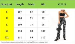 Tableau des tailles détaillé pour pantalons évasés à taille haute avec mesures S à 2XL