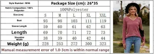 Tabla de tallas para camiseta de manga larga con cuello en V para mujer, tallas S a XXL