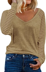 Detail of khaki long sleeve top showing V-neck and striped sheer mesh patchwork sleeves