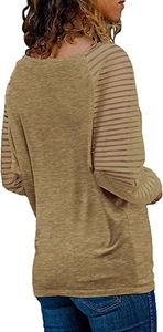 Detail of khaki long sleeve top featuring unique translucent striped patchwork sleeves