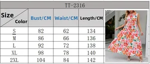 Size chart for halter sleeveless print maxi dress showing bust, waist, and length in CM