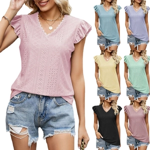 T-Shirt d'Été pour Femmes Col en V Broderie Anglaise Manches Volantes Dentelle Décontracté Ample Haut Couleur Unie