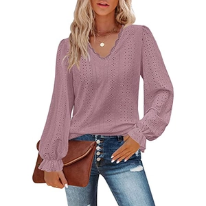 Women Casual V Neck Long Sleeve T-Shirt Elegant Eyelet Hollow Out Lace Trim Ruffle Cuff Solid Color Loose Fit Polyester Blouse Top