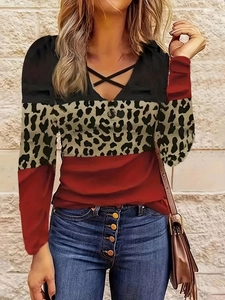 Women Casual Long Sleeve V Neck T-Shirt Leopard Print Color Block American Flag Stars Stripes Crisscross Patchwork Top
