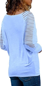 Detail of light blue long sleeve top featuring striped mesh paneling on the sleeves