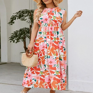 Floral sleeveless halter maxi dress with waist cutout and colorful summer print