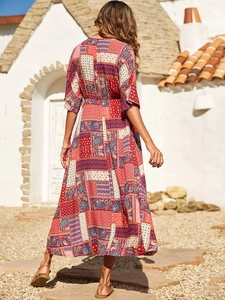 Summer V-neck geometric print maxi dress with high waist and bohemian paisley patterns
