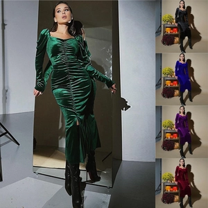 Women Ruched Velvet Long Sleeve Dress Elegant Square Neck Slim Fit Side Split Midi Bodycon Dress For Party Banquet