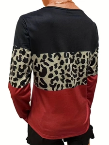 Women's crewneck long sleeve top with navy, leopard print and burgundy color block back