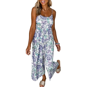 Women's summer high-waisted wide-leg jumpsuit with purple and teal floral print