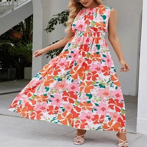 Women's Floral Print Sleeveless Halter Maxi Dress Casual High Waist Cutout Summer Holiday Beach Long Swing Dress