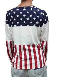 Rear view of a long sleeve T-shirt with American flag stars and stripes pattern