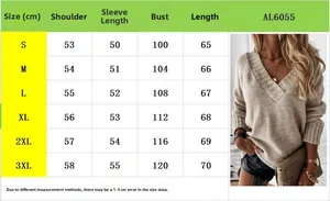 Detailed size chart for women's V-neck long sleeve sweater with shoulder and bust measurements