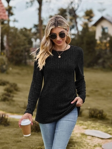 Detail of black long-sleeve slim-fit ribbed knit top featuring a classic round neckline
