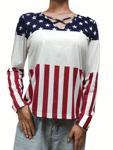 Women's V-neck long sleeve top with American flag star and stripe patchwork design