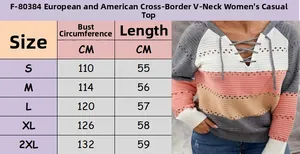 Detailed size chart for V-neck striped hooded knit sweater showing S to 2XL dimensions